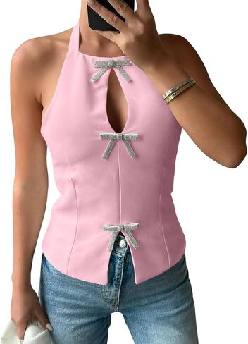 Tankaneo Womens Cute Bow Halter Tank Tops Sexy Keyhole Backless Slim Fit Crop Tops Y2k Summer Sleeveless Cami Shirts in Saudi Arabia