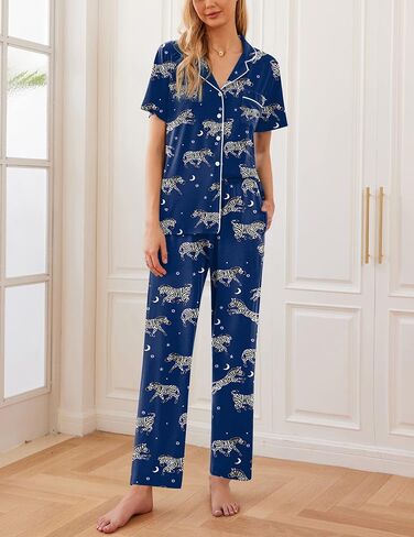 Ekouaer Women Pajamas Set Button Down Sleepwear Short Sleeve Nightwear with Long Pants Soft Pjs Set S-XXL in Saudi Arabia
