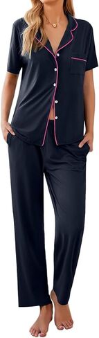 Ekouaer Women Pajamas Set Button Down Sleepwear Short Sleeve Nightwear with Long Pants Soft Pjs Set S-XXL in Saudi Arabia