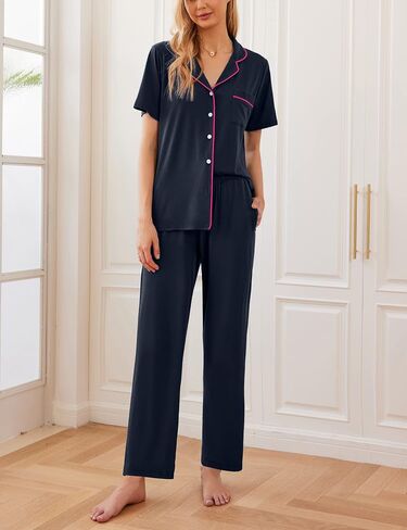 Ekouaer Women Pajamas Set Button Down Sleepwear Short Sleeve Nightwear with Long Pants Soft Pjs Set S-XXL in Saudi Arabia