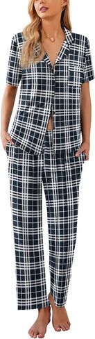 Ekouaer Women Pajamas Set Button Down Sleepwear Short Sleeve Nightwear with Long Pants Soft Pjs Set S-XXL in Saudi Arabia