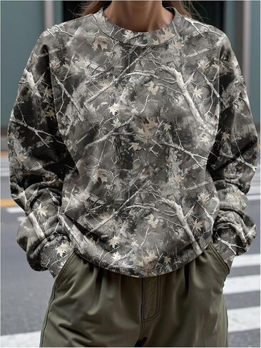 MakeMeChic Women's Camo Sweatshirt Graphic Crew Neck Long Sleeve Drop Shoulder Oversized Pullover Top in Saudi Arabia