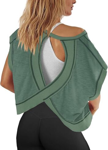 Panadila Womens Open Back Workout Top Oversized Workout T Shirts Backless Athletic Shirt Short Sleeve Baby Tee in Kuwait