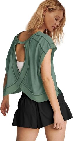 Panadila Womens Open Back Workout Top Oversized Workout T Shirts Backless Athletic Shirt Short Sleeve Baby Tee in Kuwait