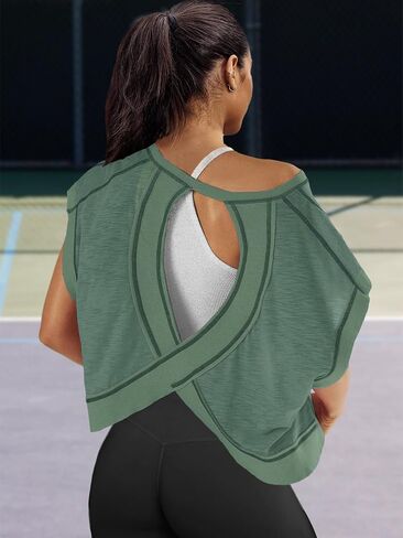 Panadila Womens Open Back Workout Top Oversized Workout T Shirts Backless Athletic Shirt Short Sleeve Baby Tee in Kuwait