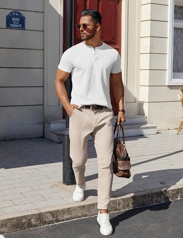 تي شيرت رجالي من القطن من COOFANDY بأكمام قصيرة وأزرار كاجوال وقمصان عمل أساسية مع فتحة جانبية in Kuwait