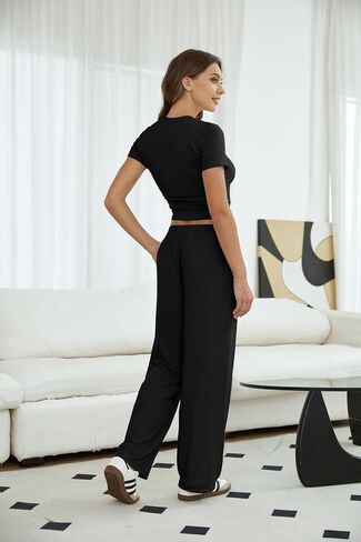 Womens 2 Piece Lounge Sets Drawstring Wide Leg Sweatpants Ruched Crop Top Matching Set Casual Outfits Pajamas in Saudi Arabia