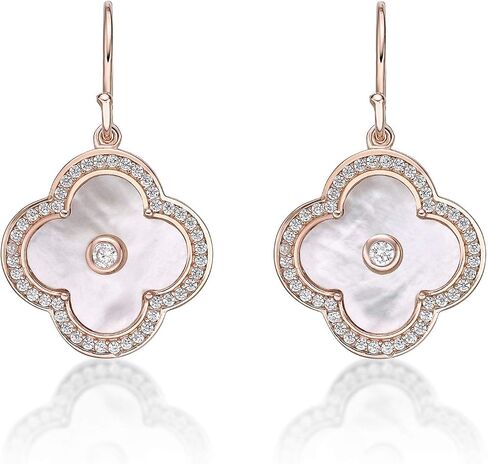 Lavari Jewelers Flower Dangle Earrings for Women - Black Onyx Green Malachite or Mother of Pearl & Cubic Zirconia in 925 Sterling Silver - Hypoallergenic Gold Plated - Fish Hook Clover Drop Earrings in Kuwait