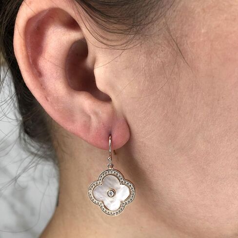 Lavari Jewelers Flower Dangle Earrings for Women - Black Onyx Green Malachite or Mother of Pearl & Cubic Zirconia in 925 Sterling Silver - Hypoallergenic Gold Plated - Fish Hook Clover Drop Earrings in Kuwait