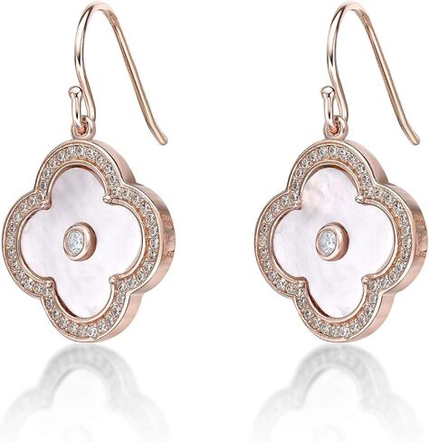 Lavari Jewelers Flower Dangle Earrings for Women - Black Onyx Green Malachite or Mother of Pearl & Cubic Zirconia in 925 Sterling Silver - Hypoallergenic Gold Plated - Fish Hook Clover Drop Earrings in Kuwait