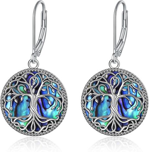 POPLYKE Celtic Tree of Life Earrings for Women Sterling Silver Family Tree Abalone Shell/Volcano Crystal Dangle Earrings Jewelry in Saudi Arabia