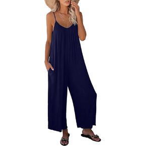 Casual Summer Jumpers for Women Sleeveless Spaghetti Strap Wide Leg Pants Romper One Piece Jumpsuits with Pockets