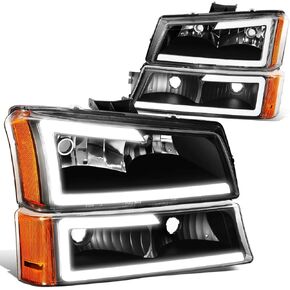 DNA MOTORING HL-LB-CSIL03-BK-SM-CL1-A Black Housing LED DRL Headlight Bumper Light Set Compatible with 03-06 Chevy Silverado/Avalanche