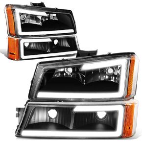 DNA MOTORING 3D LED DRL Headlight Bumper Lamp Set Compatible with 03-06 Silverado 1500-3500 1500HD 2500HD / Avalanche 1500 2500, Black/Smoked/Amber, HL-LB-CSIL03-BK-SM-AM