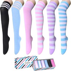 Striped Thigh High Socks - Knee High Over the Knee Socks for Women Teen Girls 4 Pack, School Socks Long Socks Over the Knee Socks