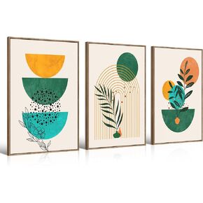 Boho Wall Art Set of 3 Mid Century Modern Wall Decor Abstract Geometric Prints Black Green Plant Sun Natural Framed Canvas Prints Artwork Ready To Hang for Living Room Bathroom Bedroom 12x16inch