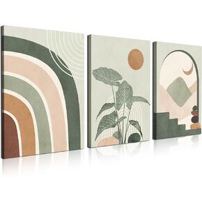 Boho Wall Art Set of 3 Mid Century Modern Wall Decor Abstract Geometric Prints Black Green Plant Sun Natural Framed Canvas Prints Artwork Ready To Hang for Living Room Bathroom Bedroom 12x16inch in Kuwait