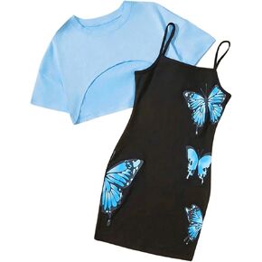 Girl's 2 Piece Butterfly Graphic Cami Pencil Dress with Short Sleeve Crop Tee Top Set Summer Cute Outfits
