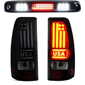 LED Tail Light + 3rd Brake Light Kit Fit for Chevy Silverado 1500 2500 HD 1999-2002, for GMC Sierra 1500 2500 HD Fleetside 1999-2003, Taillights and High Mount Stop Light, 3 Pcs, Smoke Lens