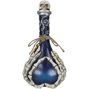 Ebros Gift Wicca Occult Witchcraft Black Magic Inverted Heart Blue 'Drink Me!' Decorative Potion Bottle with Skeleton Fingers Silver Scrollwork Borders and Skull Topper Halloween Desk Ornament Accent