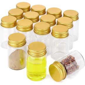 Jiuwu 40 ml Glass Bottles 15 Pack Small Glass Jars Small Spice Jars 4/3 Oz Mini Jars with Lids Sets for Laboratory （Gold Cap）