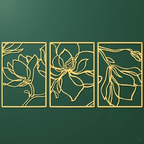 3 Panels Metal Flowers Wall Decor Modern Abstract Nature Floral Line Wall Sculpture Minimalist Decor Metal Home Hanging Wall Art for Home Bedroom Above Bed Wall Decor, 11.8 x 17 Inch (Gold)