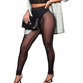 Women Sexy Mesh Sheer Leggings Skinny Tights High Waist Elastic Panty Lined Shapewear