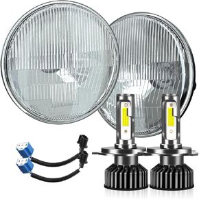 H4/9003 LED Headlight Bulbs + 7 Inch H6024 Glass Round LED Headlight Housing,Halogen Sealed High Low Dual Beam,Original Classic Look Conversion Pair Kit Pair
