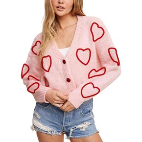 Yimoon Women's Valentines Heart Cardigan Sweater Cute Cropped Knit Sweater Oversized Button Down Cardigan Top