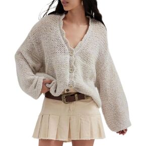 Women Lightweight Cardigan Sweater V Neck Lantern Sleeve Knit Tops Open Front Outerwear Coats with Pockets