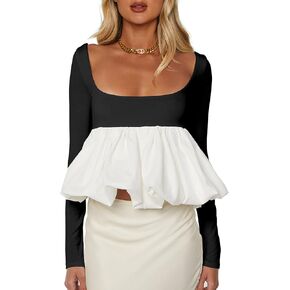 CSDAJIO Women's Bubble Hem Long Sleeve Babydoll Top Scoop Neck Ruffle Peplum Shirt Blouse Cute Going Out Shirts
