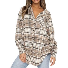 قمصان منقوشة من الفلانيل للسيدات من Zontroldy مقاس كبير وأكمام طويلة وأزرار سفلية قميص منقوش من الجاموس وبلوزات علوية in Kuwait