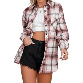 Zontroldy Womens Flannel Plaid Shirts Oversized Long Sleeve Button Down Buffalo Plaid Shirt Blouse Tops