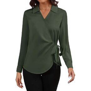 Women Satin Silk Blouse Wrap Tie Knot Front V Neck Long Sleeve Shirt Casual Office Work Tunic Pullover Top