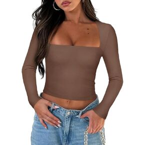 Women's Square Neck Long Sleeve T Shirts Sexy Tops Slim Fit Basic Tee Fall Tees Ribbed Shirt Going Out Y2k Crop Top