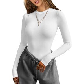 Women Long Sleeve T Shirts Crew Neck Ribbed Top for Women Going Out Workout Basic Tight Tee Fitted Cotton Tops