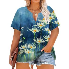 HDLTE Plus Size Shirts for Women Keyhole Floral Tops Casual Short Sleeve Sexy V Neck Summer Tees Shirt