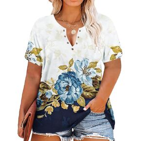 HDLTE Plus Size Shirts for Women Keyhole Floral Tops Casual Short Sleeve Sexy V Neck Summer Tees Shirt
