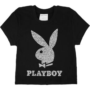 Playboy Womens Soft Cotton Blend Babydoll Tee Shirt with Faux Rhinestone Print Or Glitter Sizes S-XL