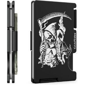 Wallet for Men, Modern-Modular-Design, Minimalist Card Holder with Cash Strap, Slim Metal Front Pocket Wallet, RFID Blocking, Personalized Engraved Scythe Skull