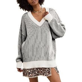 Beyond Chenille V Neck Sweater for Women 2024 Winter Long Sleeve Colorblock Striped Pullover Casual Trendy Knit Tops