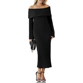 Saodimallsu Womens Off Shoulder Maxi Sweater Dress Long Sleeve Bodycon Sexy Elegant Cocktail Party Knit Dresses