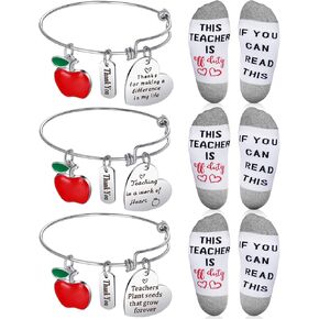 Kenning 6 Pieces Teacher Appreciation Gifts Inspirational Teacher Bracelets Teacher Funky Novelty Socks Graduation School Thank You Gifts for Women Teacher