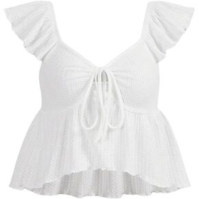 Women's Knitted Cap Sleeve Flowy Ruffle Crop Tops Tie Front Sweetheart Neck Tees Shirts Y2K Top