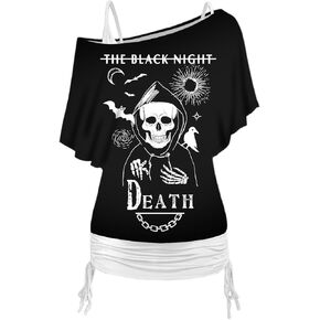 DRESSFO Women's Skull and Slogan Print Oblique Shoulder T Shirt and Cinched Ruched Tank Top Set