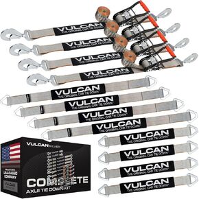 VULCAN Complete Axle Strap Tie Down Kit with Snap Hook Ratchet Straps - Silver Series - Includes (4) 22 Inch Axle Straps, (4) 36 Inch Axle Straps, and (4) 8' Snap Hook Ratchet Straps