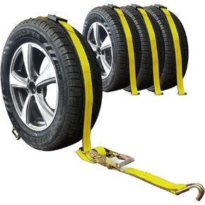 Auto Hauler Straps for Trailer Heavy Duty 2" x 10' Vehicle Tie Down Kit-10,000lb Guaranteed Break Strength-(4) Premium Ratchet Strap with Rubber Blocks Wheel Tie-Downs for Truck, UTV