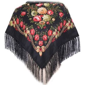 Russian Style Scarf,Floral Printed Long Tassel Large Square Scarf,Winter Shawl Square Scarf Traditional Retro Ukraine Style Scarf