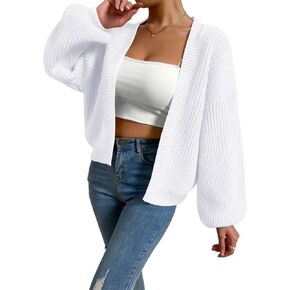Women's Crop Cardigan Swewater Long Lantern Sleeve Bishop Open Front Ribbed Knit Sweater