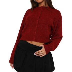 Women Y2k Crop Cardigan Sweater Crewneck Button Down Cardigans Cute Long Sleeve Sweaters Knit Lightweight Top